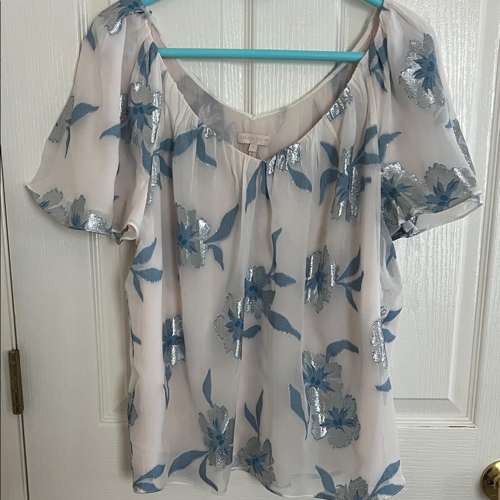 Rebecca Taylor White Blouse with Blue Floral & Silver Metallic Accents